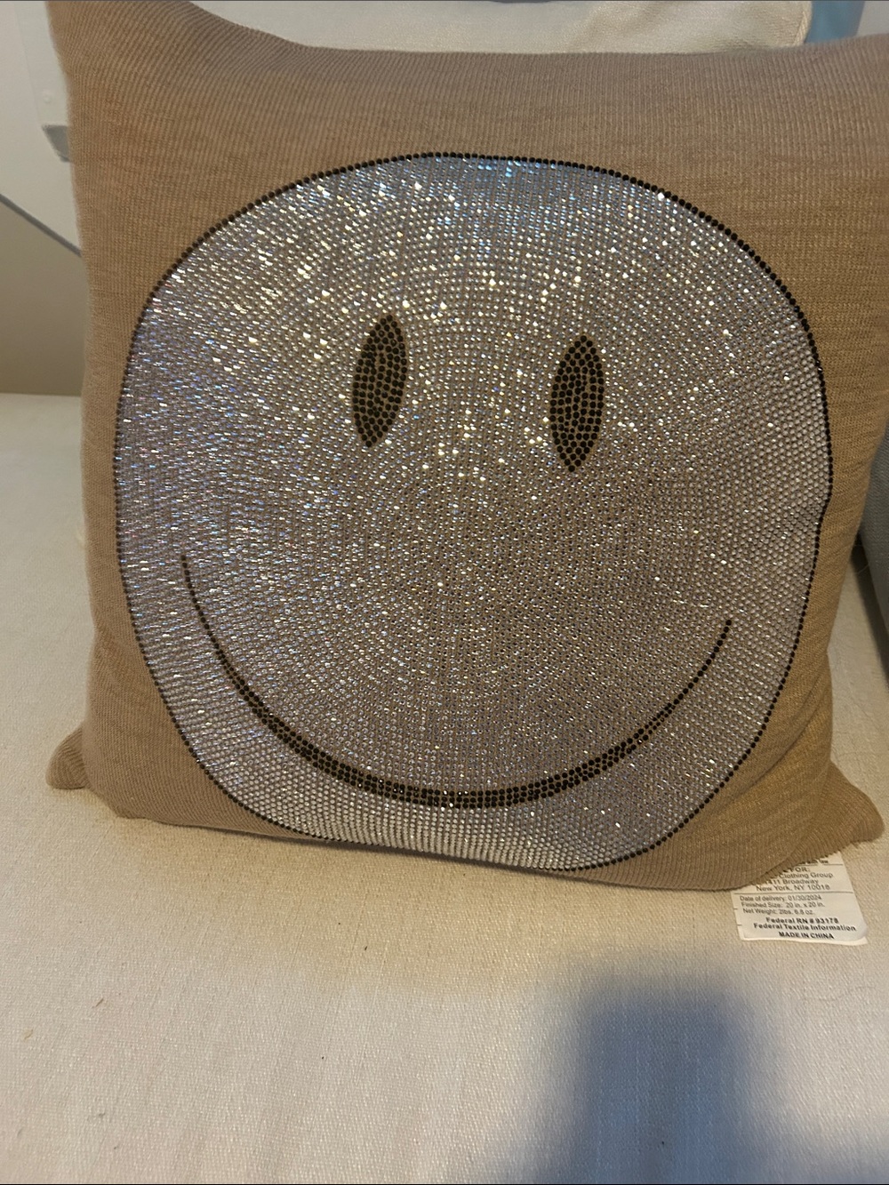 Chelsea & Theodore Beige Rhinestone Smiley Face Throw Pillow